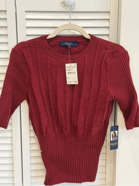 RACHEL Rachel Roy Short-Sleeve Ribbed Sweater in Deep Red